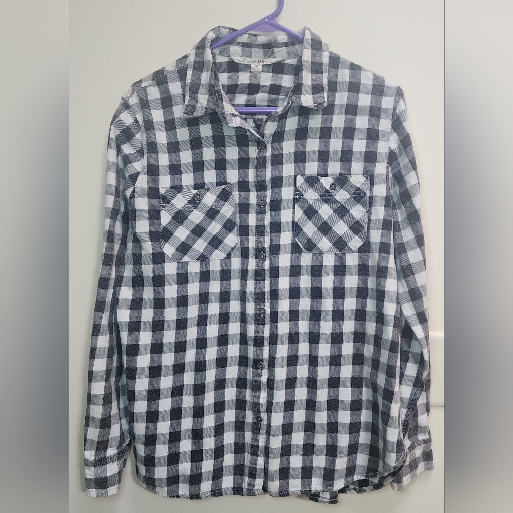 Vanilla Star Black and White Plaid Flannel Women's Button-up Top Size L
